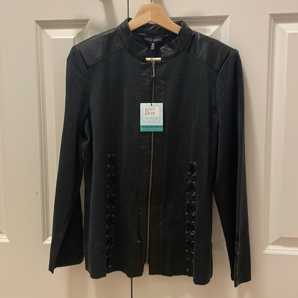 NWT Ming Wang black zip-up jacket with synthetic leather trim & lacing detail M